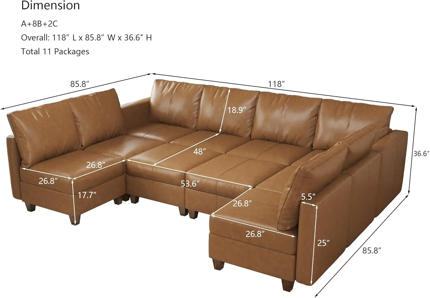 U Shaped Faux Leather Sectional Sofa with Storage Ottomans, 10 Seat Modular Sectional Sofa Couch Brown