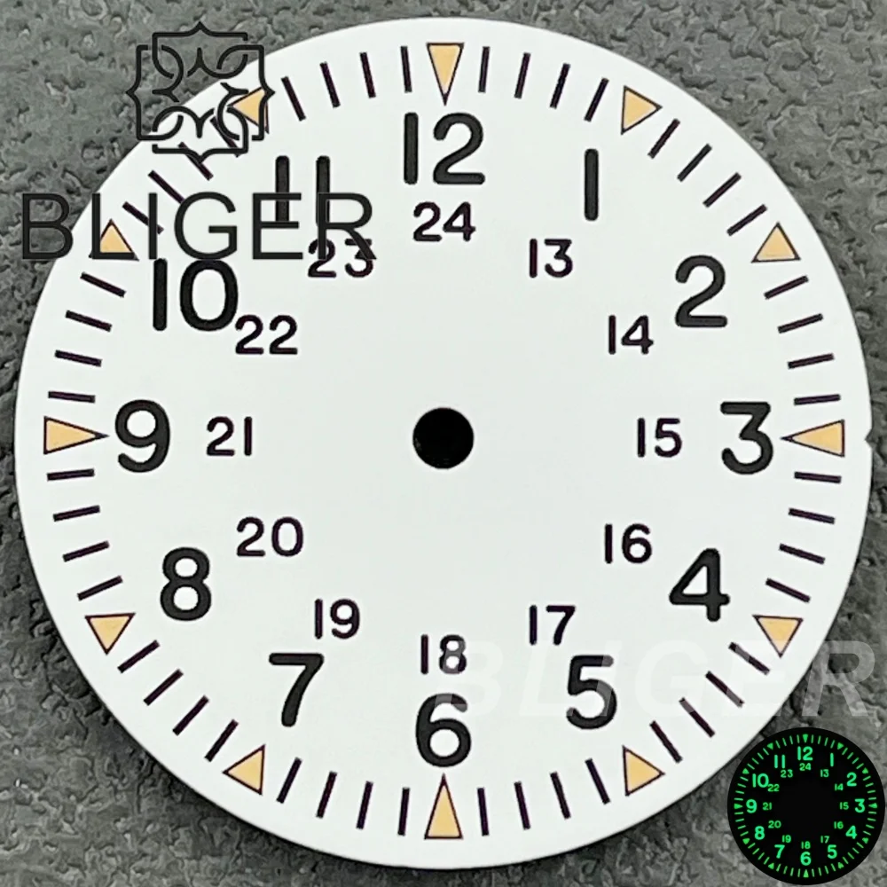 BLIGER 29mm 12 Hour Filed Pilot Watch Dial With Green Luminous Suitable NH34NH35NH36 Miyota ETA2824 PT Movements Watch Accessory