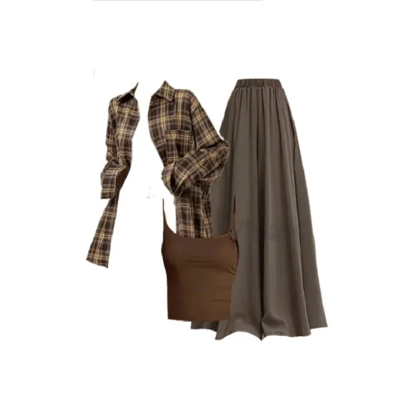 طقم نسائي جديد للربيع والصيف مكون من 3 قطع: قميص كاروهات واقي من الشمس + حزام + تنورة فضفاضة، بدلة أنيقة على الطراز الكوري