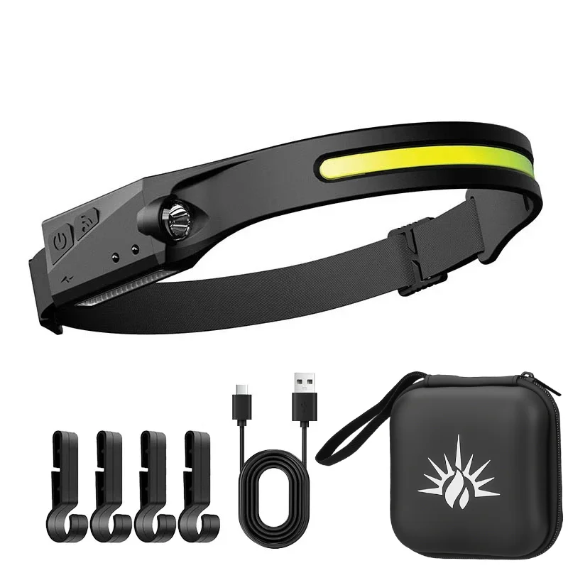 COB-LED-Stirnlampe mit Sensor, integriertem Akku, USB-wiederaufladbar, 5 Beleuchtungsmodi, Arbeitsleuchte