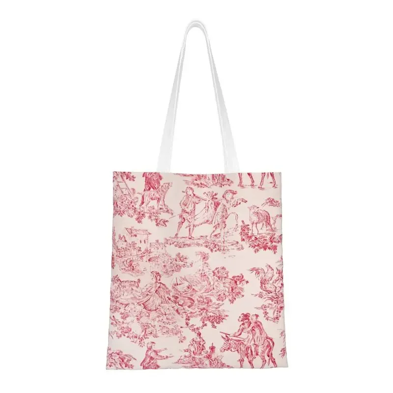 

Custom Red And White Toile De Jouy Shopping Canvas Bags Women Recycling Groceries Shopper Tote Bags