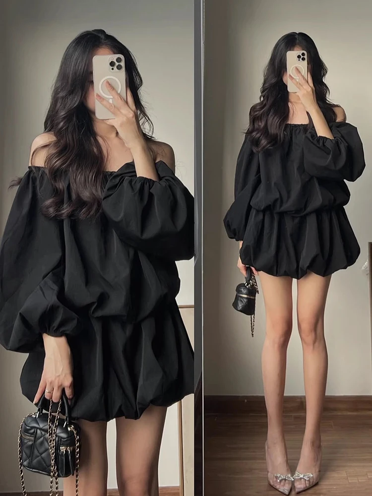 فستان نسائي بكتف واحد وأكمام فقاعية مكشوفة الكتف، فستان قصير بخصر عالٍ على الطراز الكوري مطبوع عليه زهور، وصل حديثًا للربيع