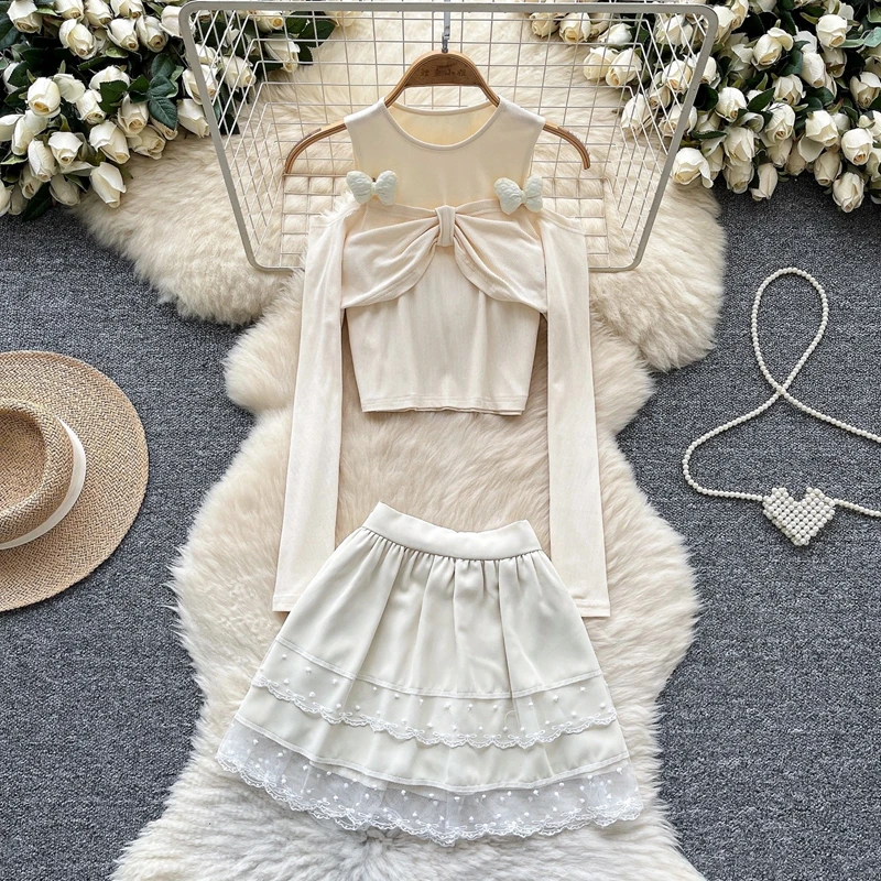 

Pure Desire Style Two Piece Set Women's Design off Shoulder Twisted Long Sleeve Top+lace Splicing High Waist Skirt
