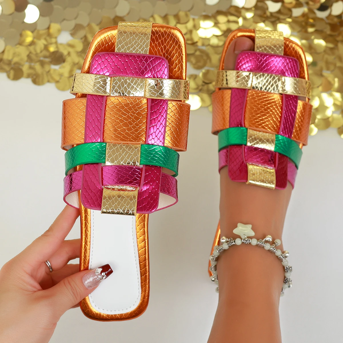 

Summer Colorful Fashionable Sexy Casual Soft Luxurious Square Toe Hollow Roman Flat Shoes Model Vacation Comfortable Slippers