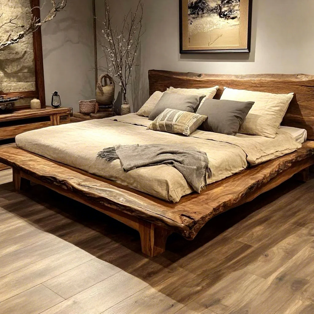 #Art Original Wood Pure Solid Wood Customizable Silent Wind Bed Double Bed Frame Mortise