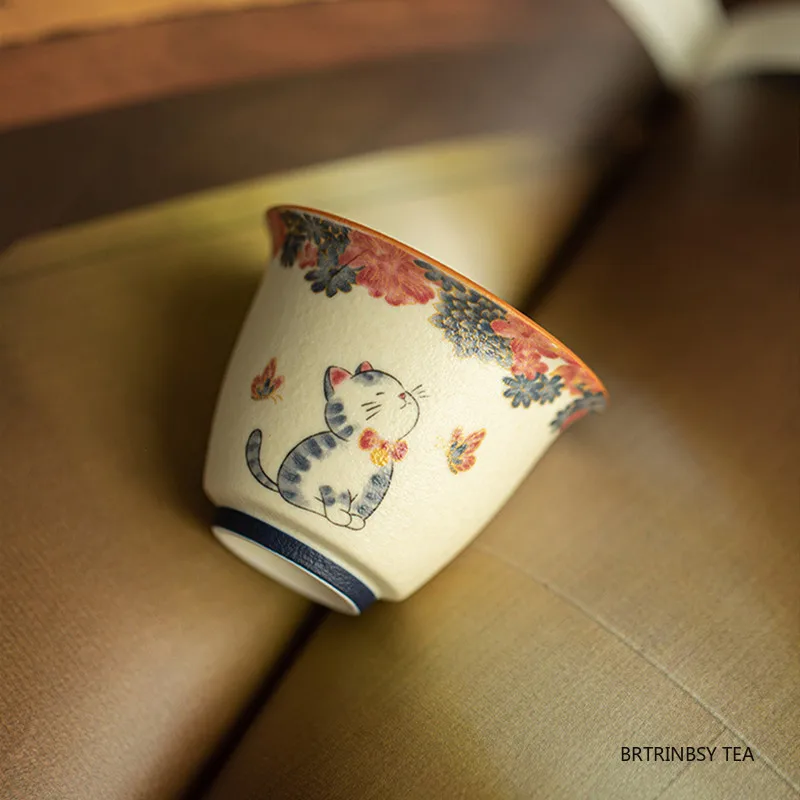 1 Pc Chinese Vintage Ceramic Tea Cup Handmade Cute Cat Tea Bowl Household Teaware Master Teacup Personal Meditation Cup 40ml