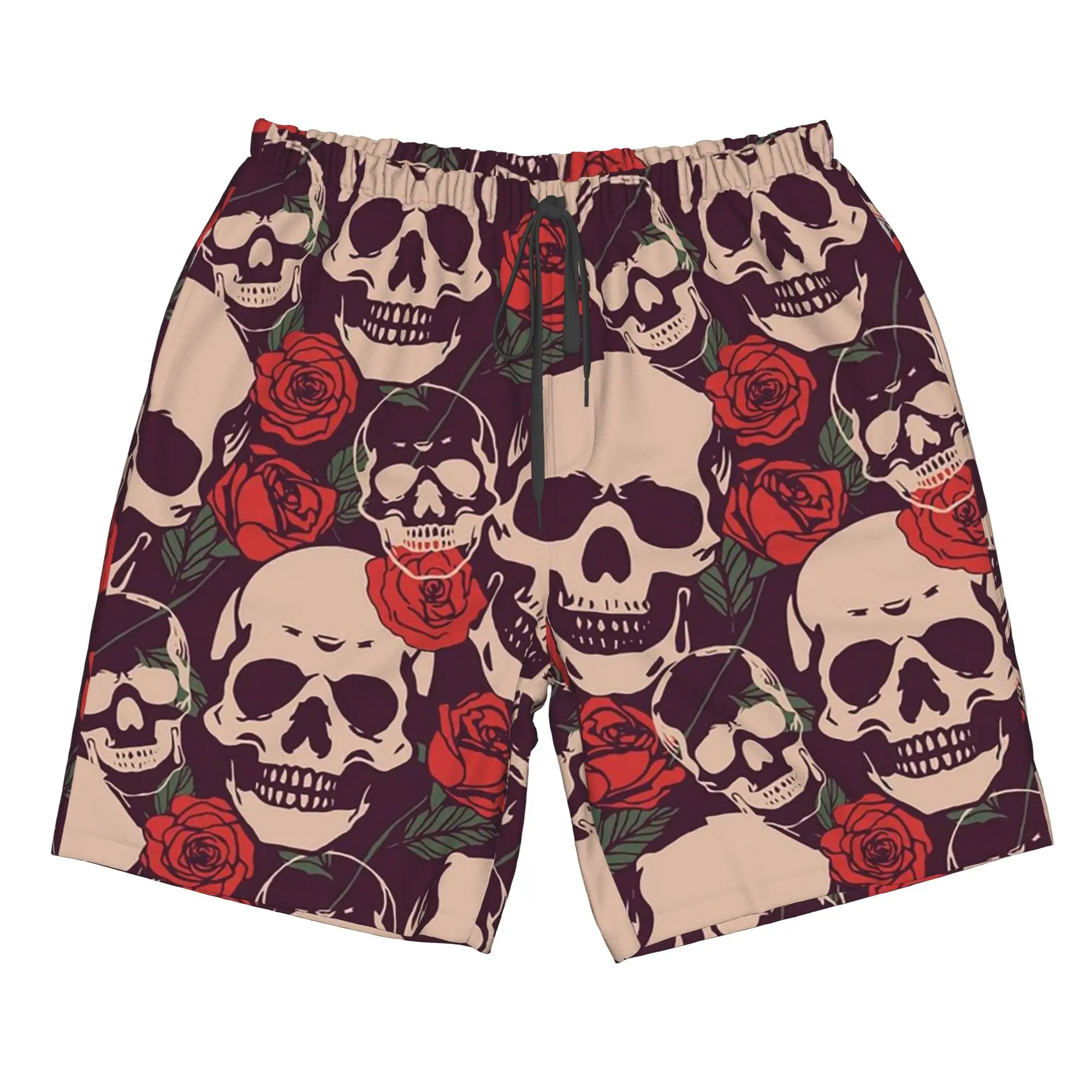Vintage Skulls & Roses Pattern Trunks Beach Board Shorts Casual Quick Dry Swim Summer Men Pants