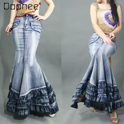 Retro Women Jeans Skirt Curve Beauty Cake Big Swing High Waisted Fishtail Skirts Slim Package Hip Mermaid Denim Long Maxi Skirts