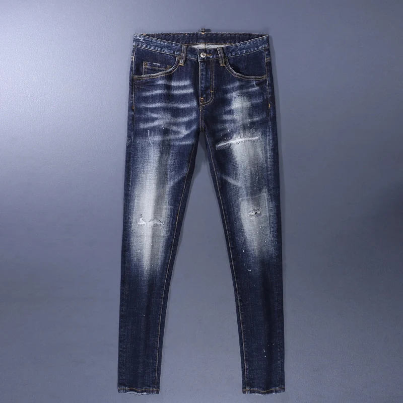 Street Designer Fashion Men Jeans Retro Washed Blue Stretch Slim Fit Patched Ripped Jeans Men Brand Vintage Y2K Denim Pants