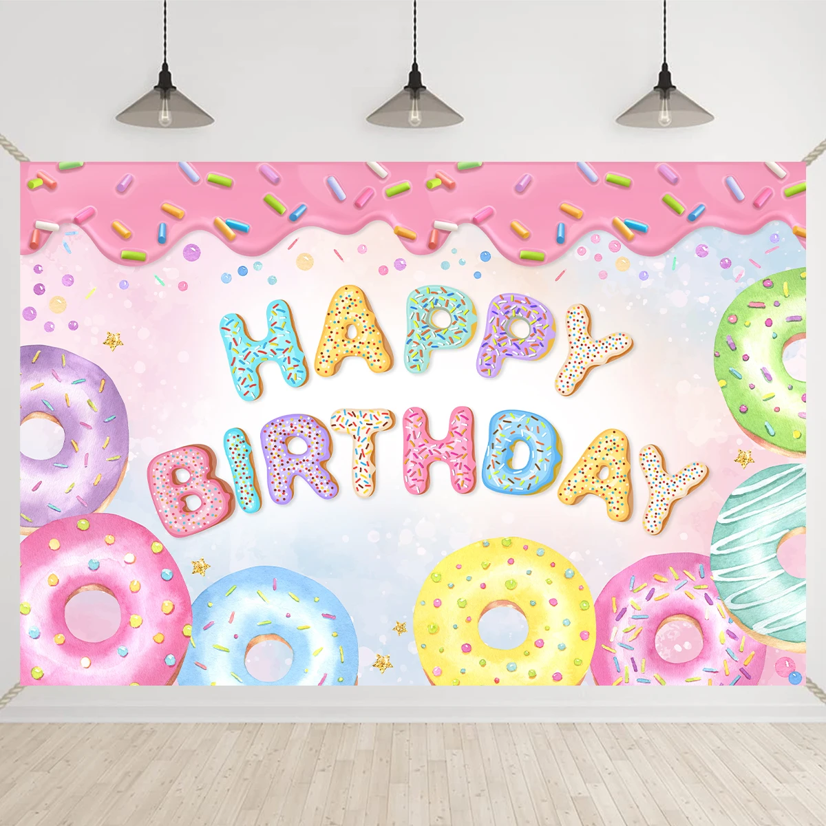 Donut Theme Party Backdrops Happy Birthday Party Decor Photo Booth Background Baby Shower Girl Hanging Flag Backdrop Props