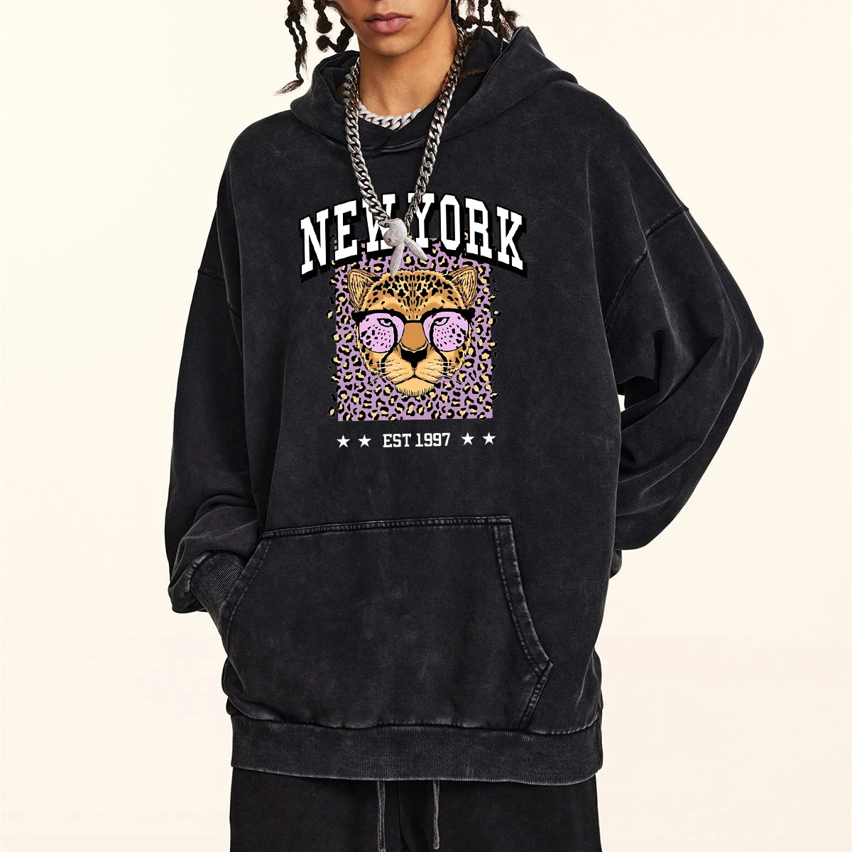 

Pink Leopard Head Pattern Hoodie Men Retro Washed Hoodies New York Letter Cotton Pullover Fashion Loose Hoody Street Soft Tops