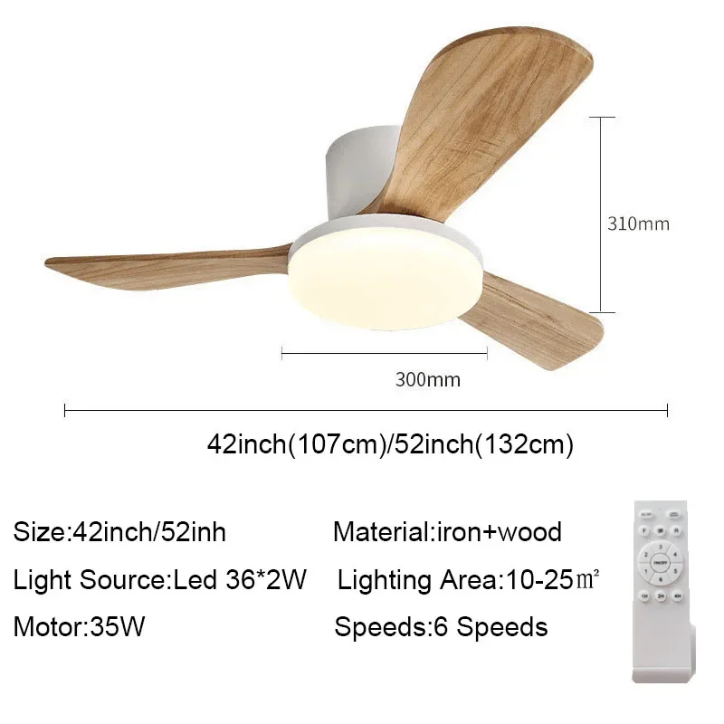 ไม้เพดานพัดลม 42 52 นิ้ว DC 35W ไฟ LED รีโมทคอนโทรลห้องนั่งเล่นห้องนอนเพดานพัดลมไฟ 220V 110V พัดลม