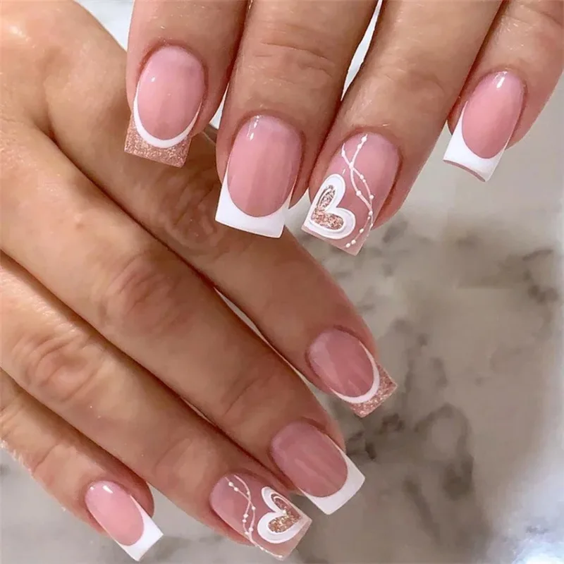

24Pcs/Set Short French Heart Nails Fake Full Cover Acrylic Pink Presss on Nail Set Removable Wearable False Nails Art Nail Tips