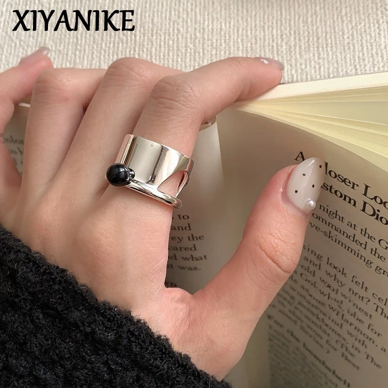 XIYANIKE Sweet Cool Black Bead Wide Cuff Finger Rings For Women Girl Fashion New Jewelry Friend Gift Party anillos mujer