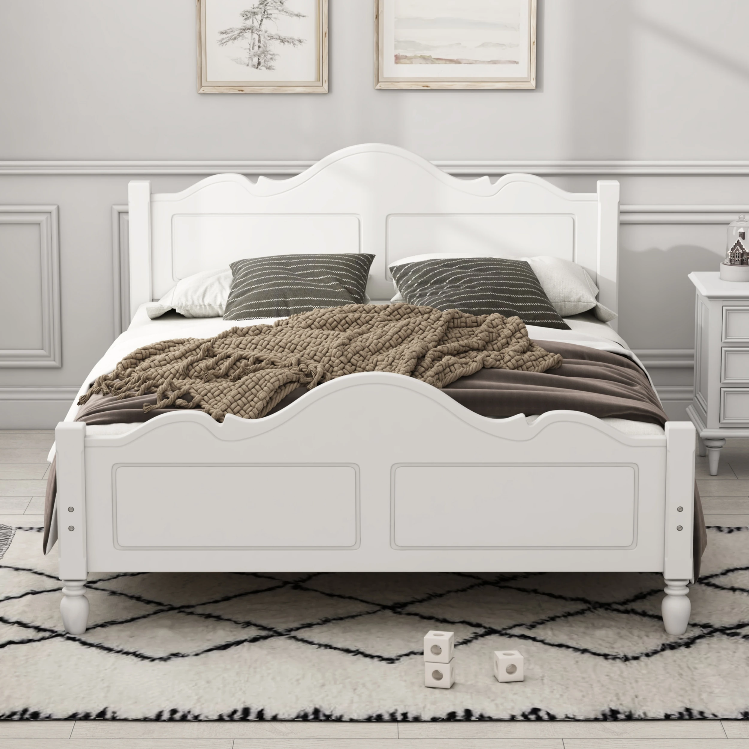 Traditional Concise Style Solid Wood Platform Bed, White Queen, No Need for Box Spring  85.20x62.30x39.50 in.