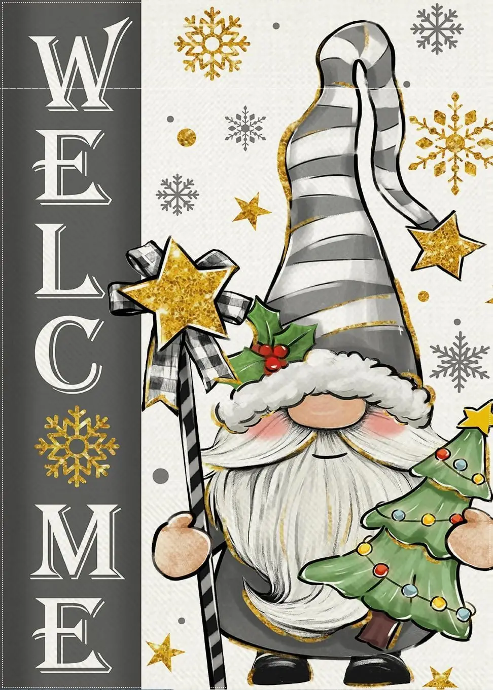 Welcome Gray White Dwarf Santa Hat Snowflake Stars Christmas Tree Garden Flag 12x18 inch, Home Outdoor Yard Christmas Garden yyi