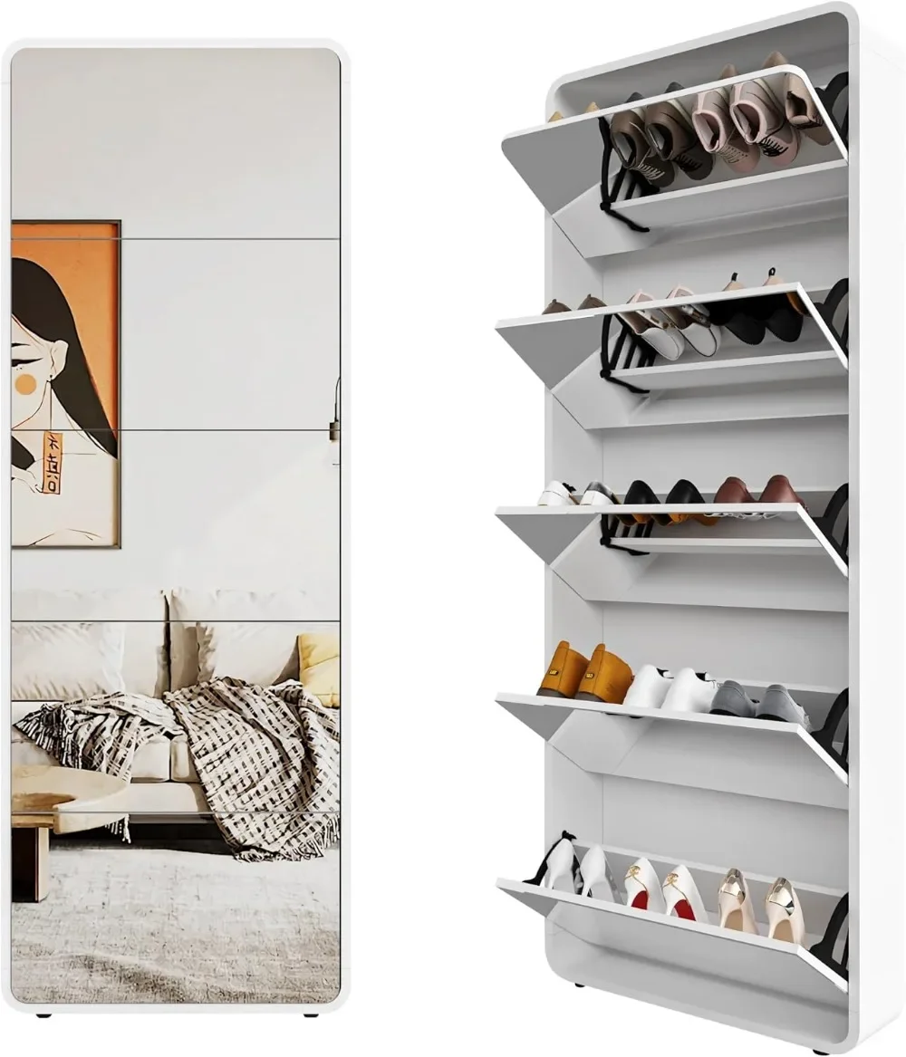 Mirror Shoe Storage Cabinet with 5 Flip Drawers, Freestanding Shoe Rack Cabinet, Narrow Hidden Shoe Organizer