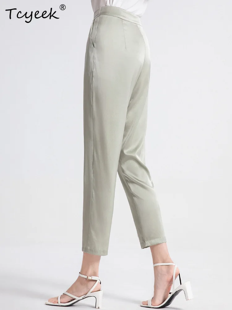 

Tcyeek, повседневные брюки из 95% натурального шелка, женские однотонные брюки с высокой талией, прямые брюки OL в стиле ретро, новинка лета осени 2024 года B550127QM