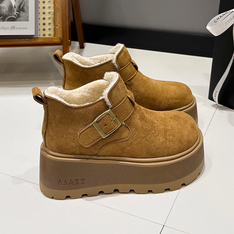 

Ankle Women's Snow Boots Suede High Heels Shoes Fashion Casual Platform Warm Cotton Shoes 2025 New Cozy Short Plush Boots Femme