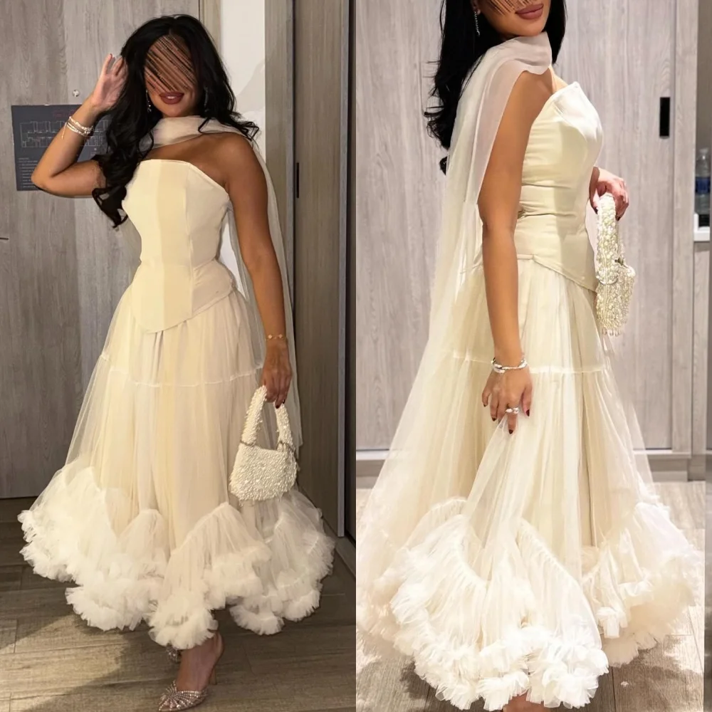 Customized Fashion Classic Tulle Pleat Ruched Tiered A-line Strapless Midi Dresses Bespoke Occasion Dresses Matching Exquisite