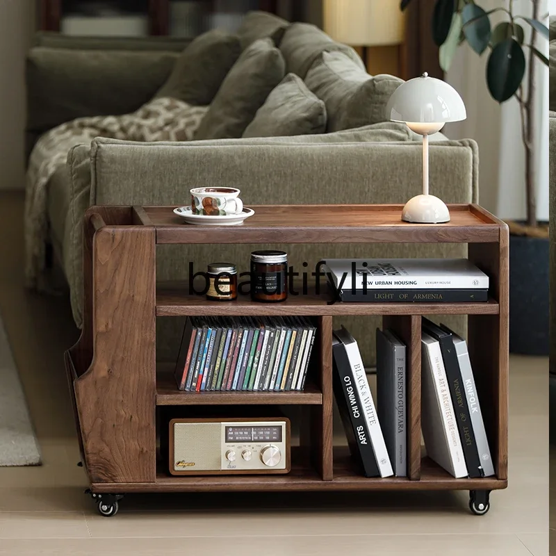 

A50 Nordic all solid wood North American black walnut sofa side cabinet mobile bedside trolley