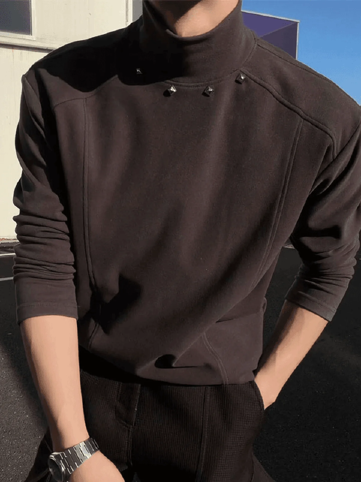 

Мужская теплая футболка с высоким воротником и металлическими заклепками, приталенная, в американском стиле, с длинным рукавом, для зимы, повседневная