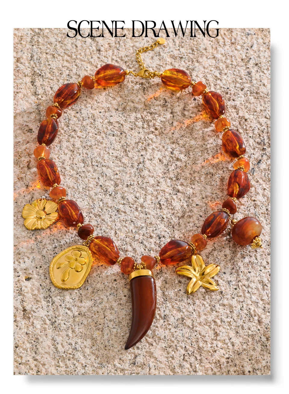 Yhpup Handgemachte Halskette Wasserdicht Bernstein Harz Perlen Kette Horn Blume Statement Halskette Edelstahl Schmuck Zubehör – Detail 4