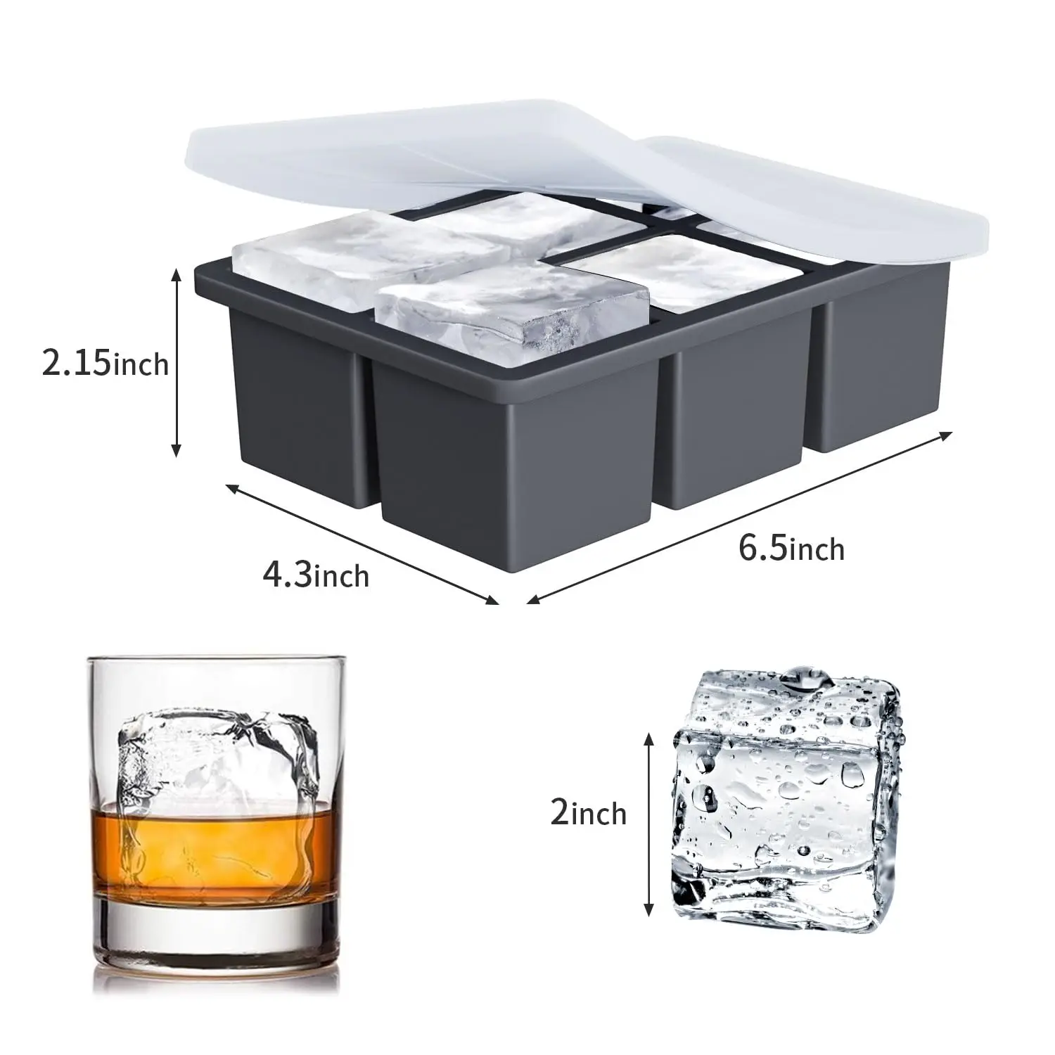 Große quadratische Eiswürfelform 4/6/8/15 Fächer Lebensmittelechte Silikon-Eisform mit Deckel Quadratische Eiswürfelform für DIY Whiskey Cocktail – Detail 2