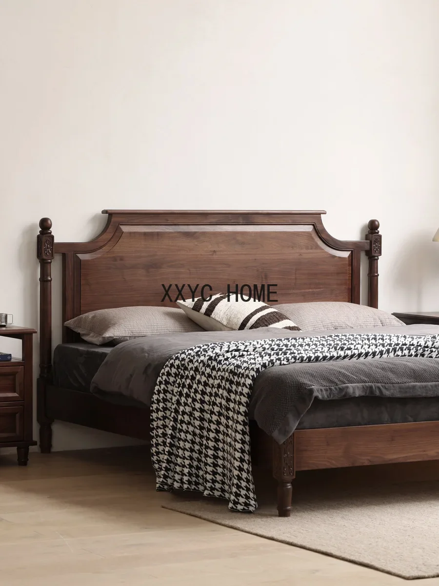 Nordic black walnut all solid wood double bed large backrest wedding bed American retro Roman column carved log bed