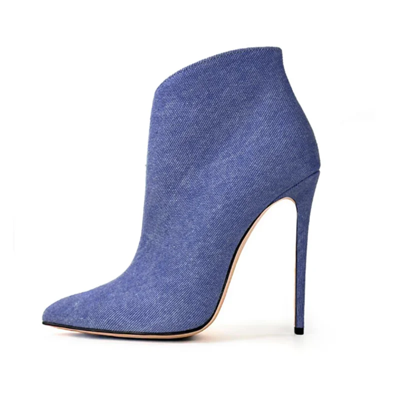 

V Style Blue Denim Pointy toe Ankle Boot Slip on Jeans Cloth Thin Heels Short Booties Spring Autumn Female Footwears