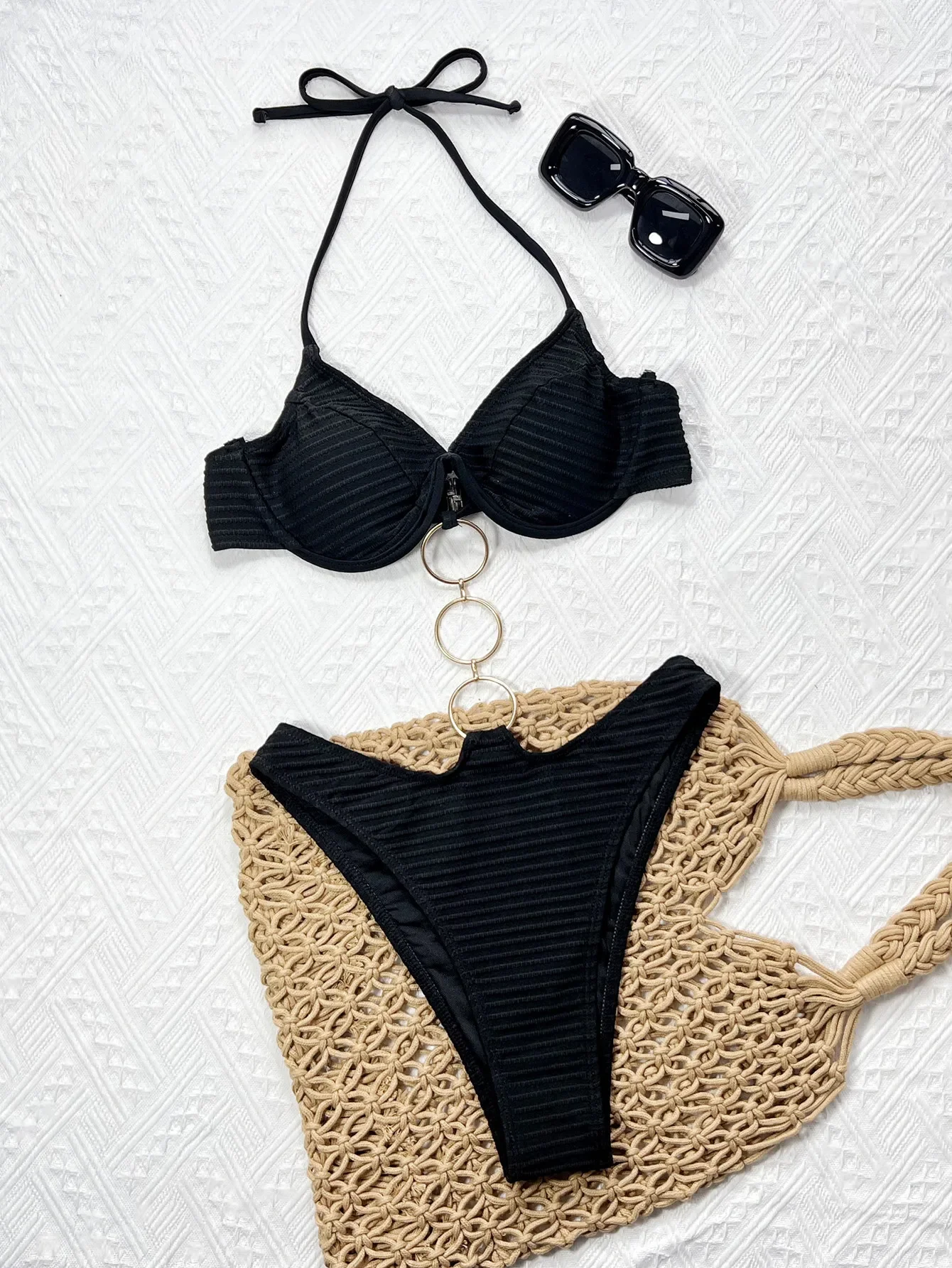 Traje de baño Mujer Color sólido Traje de baño con cordones Anillo de metal Conjunto de bikini sexy Cintura alta m