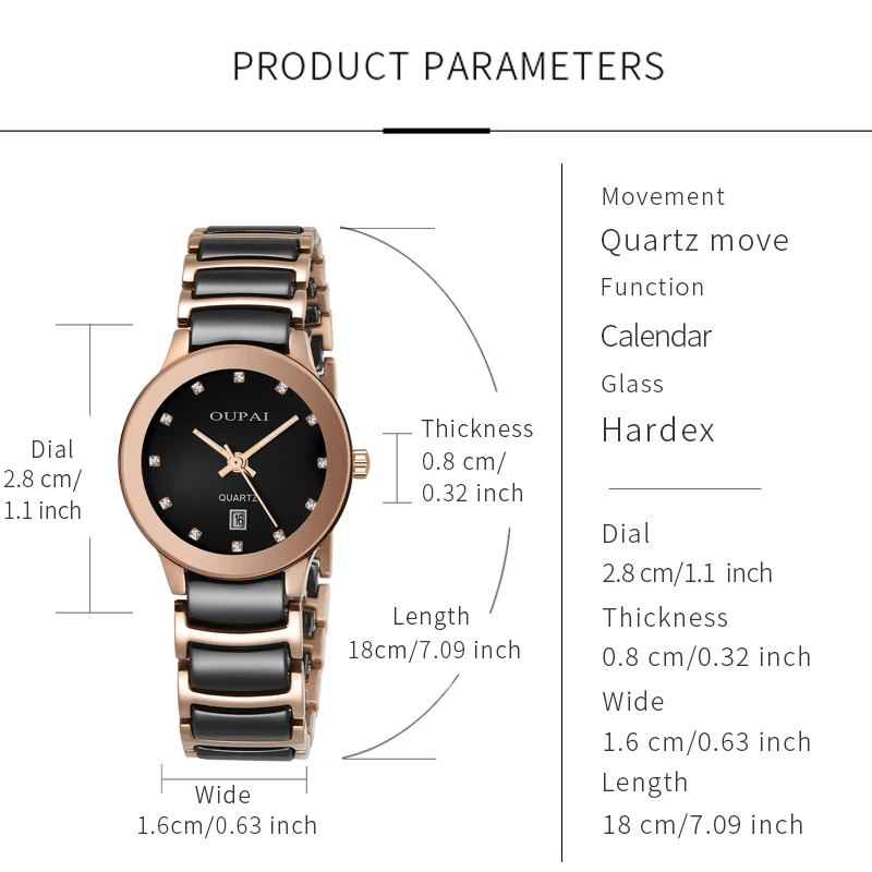 Часы Oupai, женские черные керамические японские кварцевые часы, модный простой календарь со шкалой со стразами