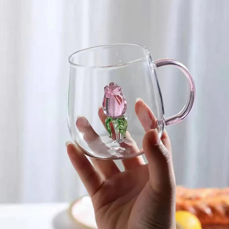 Hervidor de vidrio con forma de rosa para el hogar, tetera creativa de vidrio transparente con mango para agua, leche y desayuno