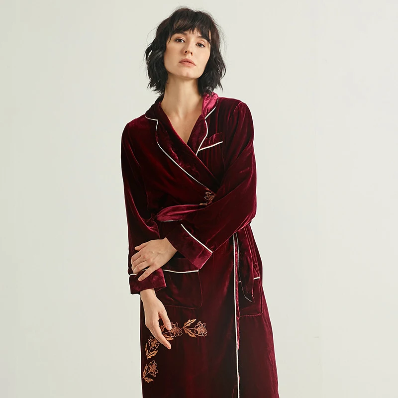Winsleter-Base Yarn 19MM 100%Real Silk Velvet Night-robe, Embroidery Lace-up, Women Retro Warm Pajamas Robe, 2026 New P5D931CC