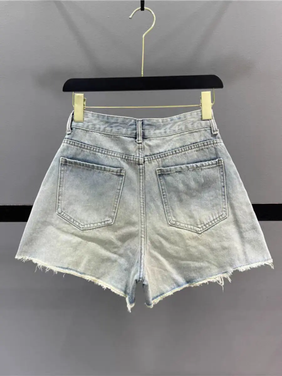 Retro rivet lace stitching denim shorts women's summer casual American spice girls high waist slim A wide leg hot pants