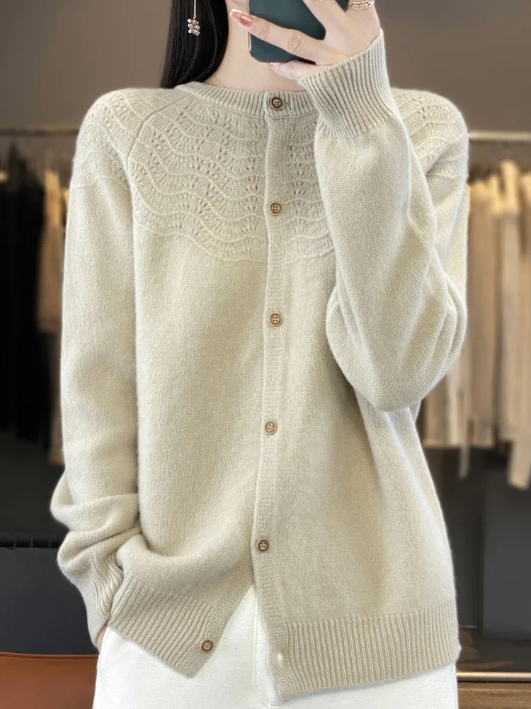 

Autumn Winter New Women's 100% Pure Wool Knitwear Cardigan Swearter 0-Neck Hollow Out Loose Versatile Cashmere Long Sleeve Tops