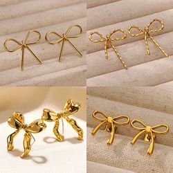 Stainless Steel Bowknot Stud Earrings For Women Gold Color Simple Piercing Earring Female Trend Fashion Wedding Ear Jewelry Gift