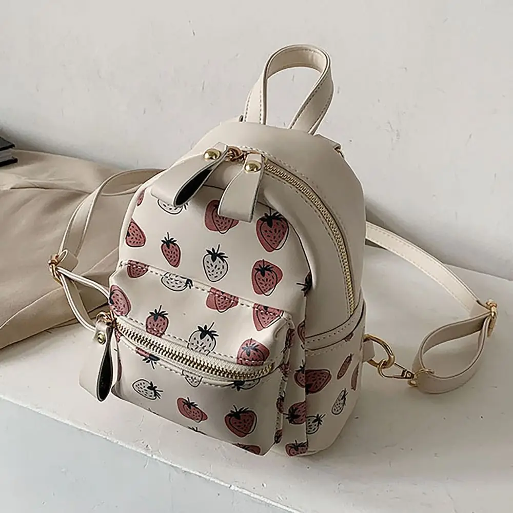 Fashion Strawberry Schoolbag Large Capacity Waterproof Two Shoulder Bag PU Adjustable Strap Backpack Woman