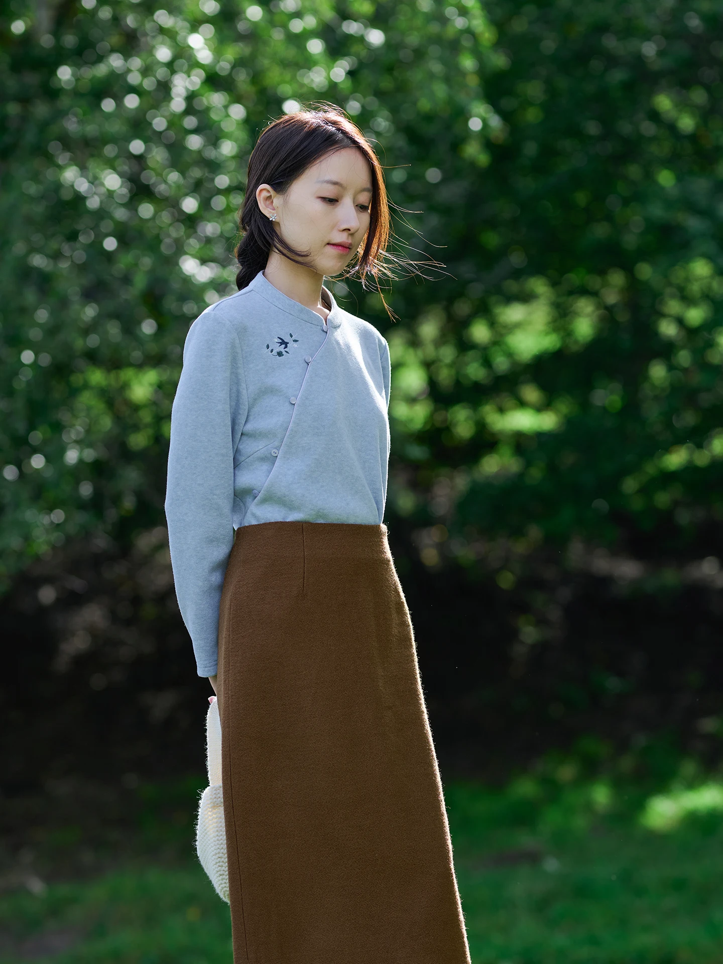 

Retro Classic Stand Collar Slanted S Embroidery Straight Knitted Top T-irt Slim Fit Long Sve Button Front Regular Length