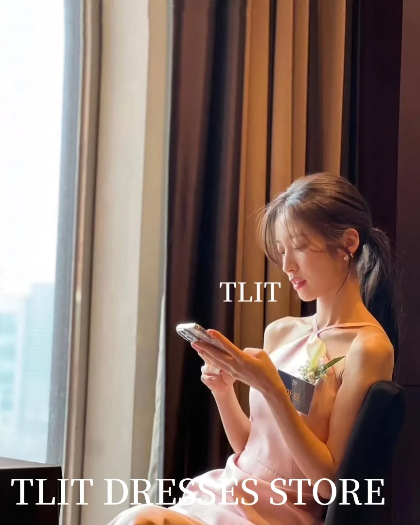 فساتين سهرة باللون الوردي من TLIT على شكل حرف a فساتين حفلات الزفاف الكورية بطول الأرض أنيقة وبسيطة للحفلات لالتقاط الصور #5