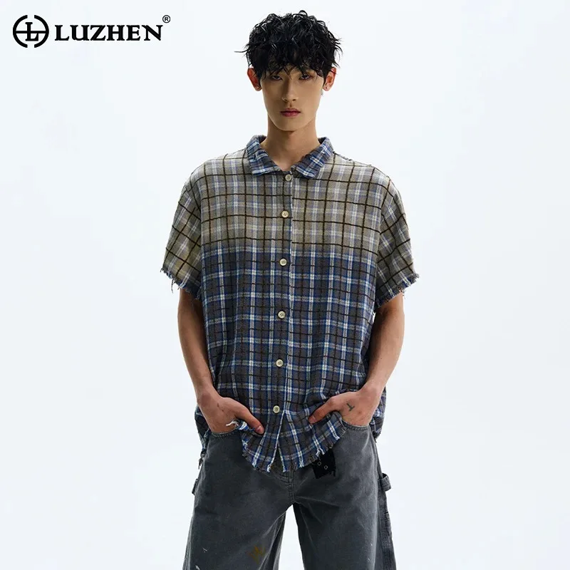 

LUZHEN рукав 2025 короткие летние градиентные модные рубашки в клетку с принтом мужские элегантные свободные корейские красивые повседневные мужские топы JY2730