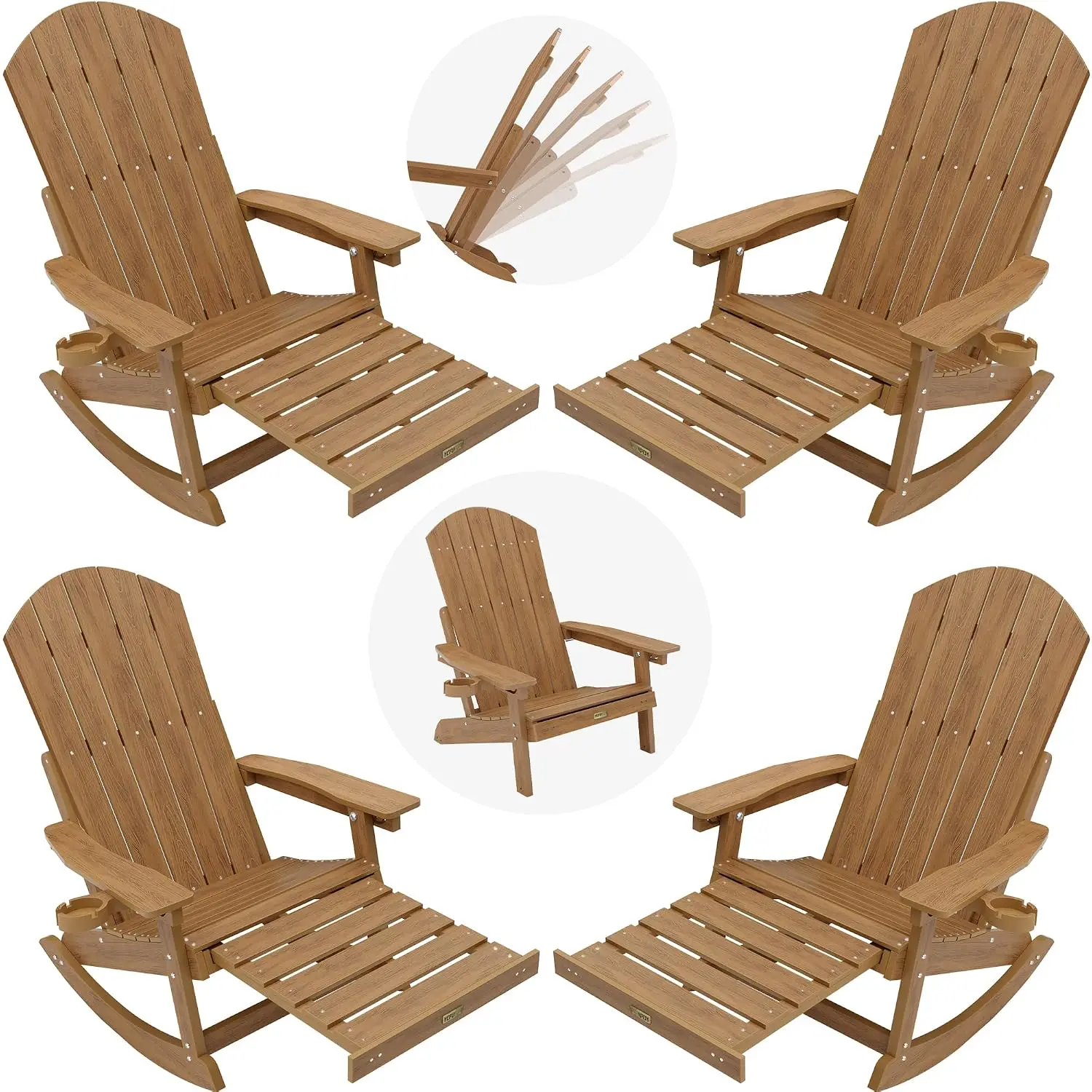 All-Weather Rocking Chairs Set of 4 with Footrest for Patio Garden, Walnut, Customized