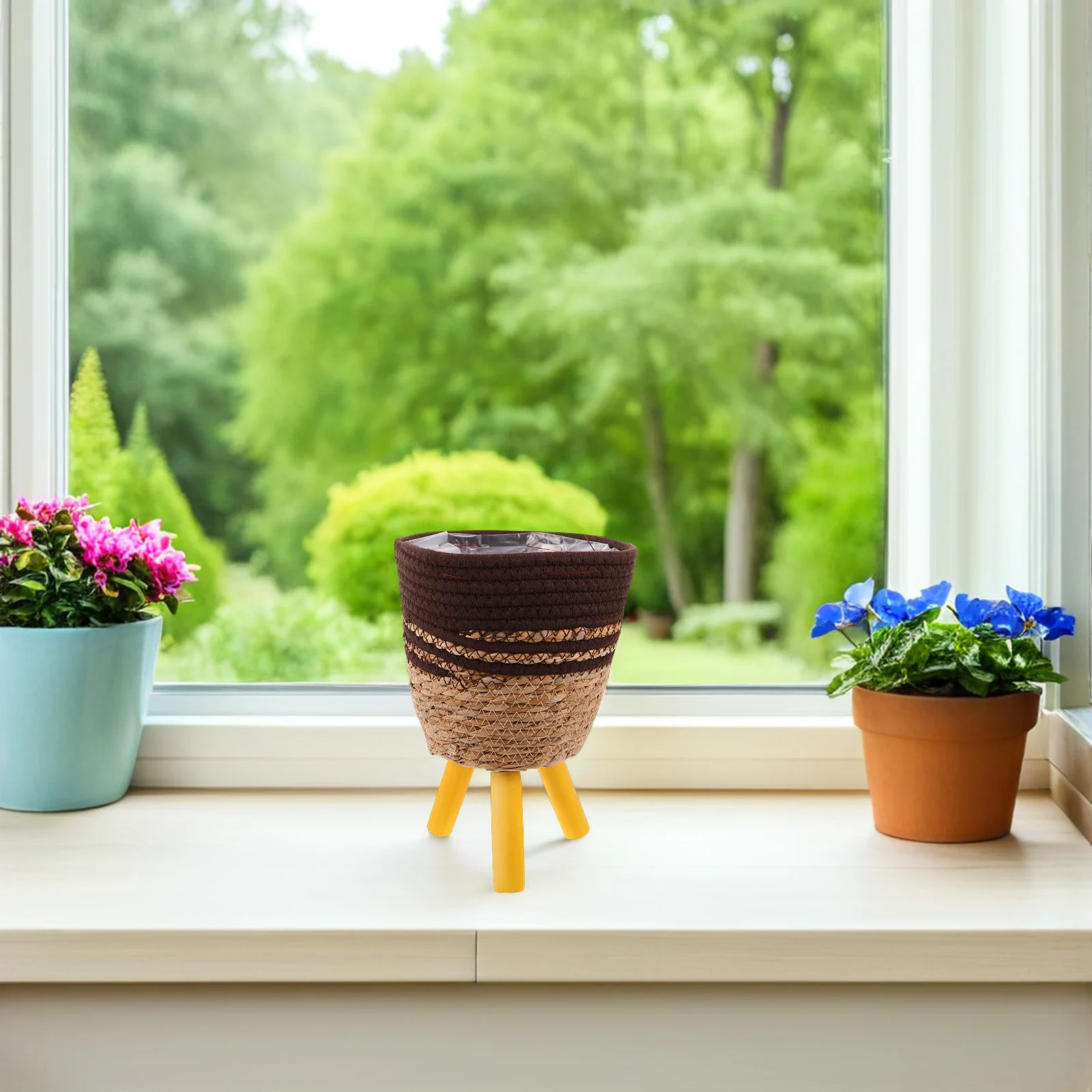 

Woven Planter Basket Plastic Lining Wooden Legs Round Floor Standing Flower Pot Rack Boho Nordic Style Rustic Home Decor