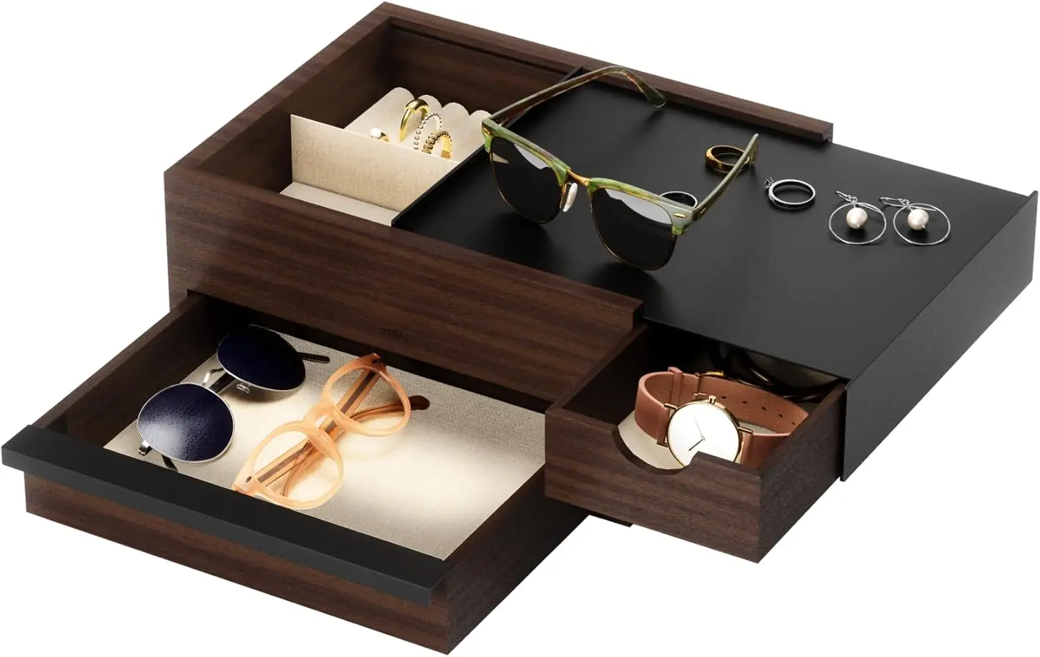 Modern Jewelry Box with Hidden Compartments for Rings, Bracelets, Watches, Necklaces and Earrings in Black/Walnut