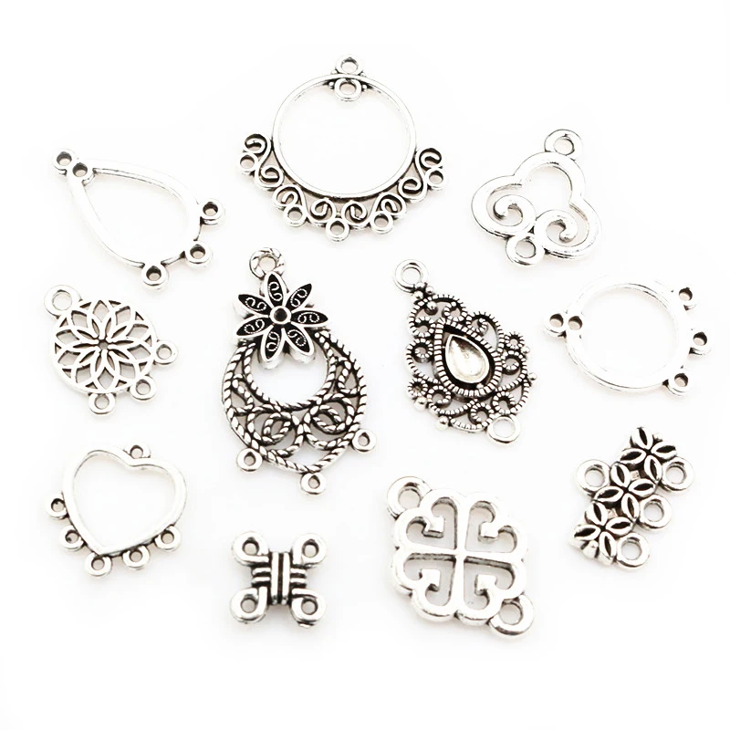 30pcs Antique Silver Plated Boho Vintage Flower Connector Charms Pendant DIY Necklace Bracelet Jewelry Making Findings Supplies