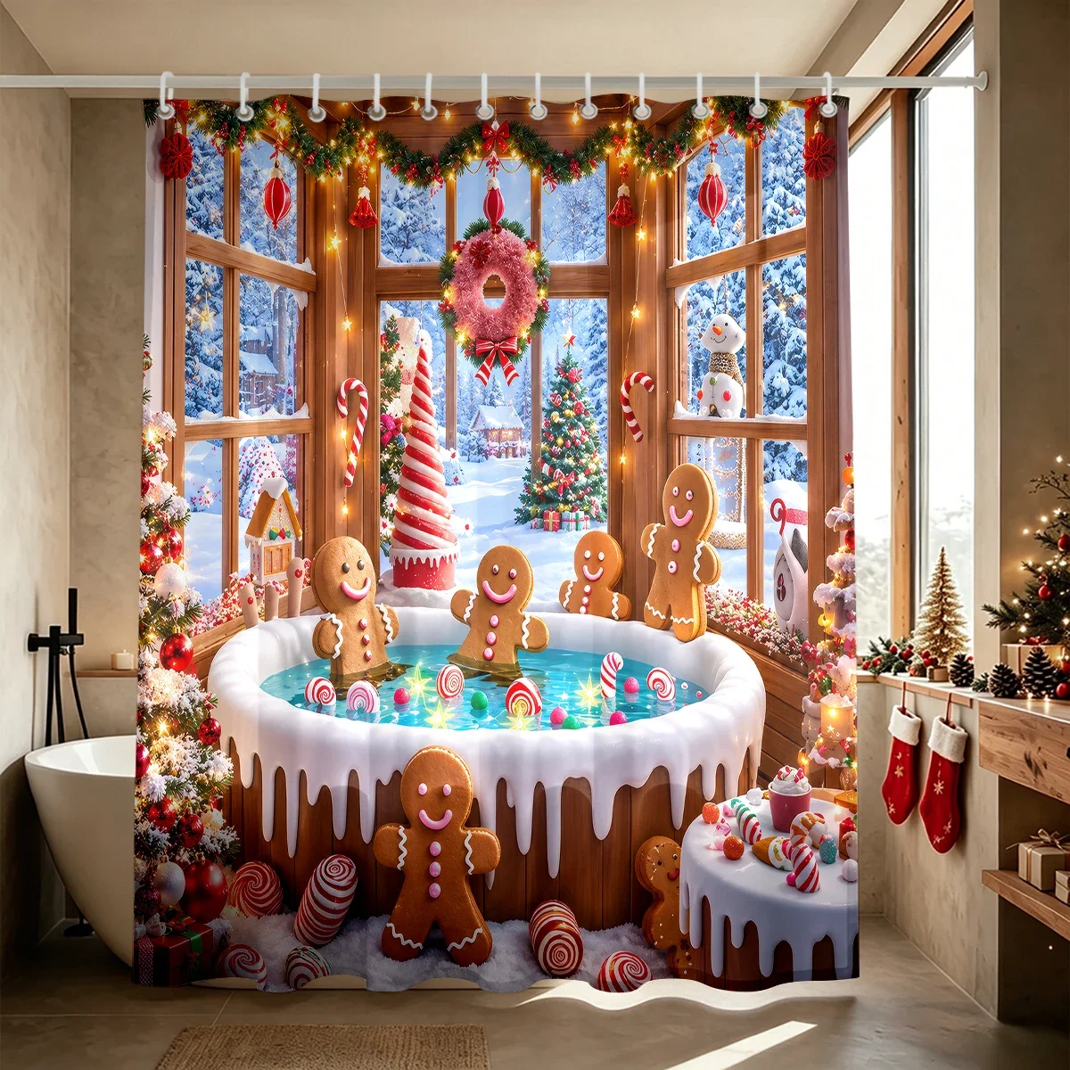 1PC Christmas Gingerbread Man Winter Spa Scene Shower Curtain Waterproof Shower Curtain Partition Privacy Hanging Curtain