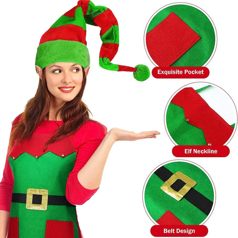 2025 NewWomen's Christmas Costume Elf Ear Apron Dress Hat Shoes Striped Stockings Cosplay Outfits Carnival Party performance AA