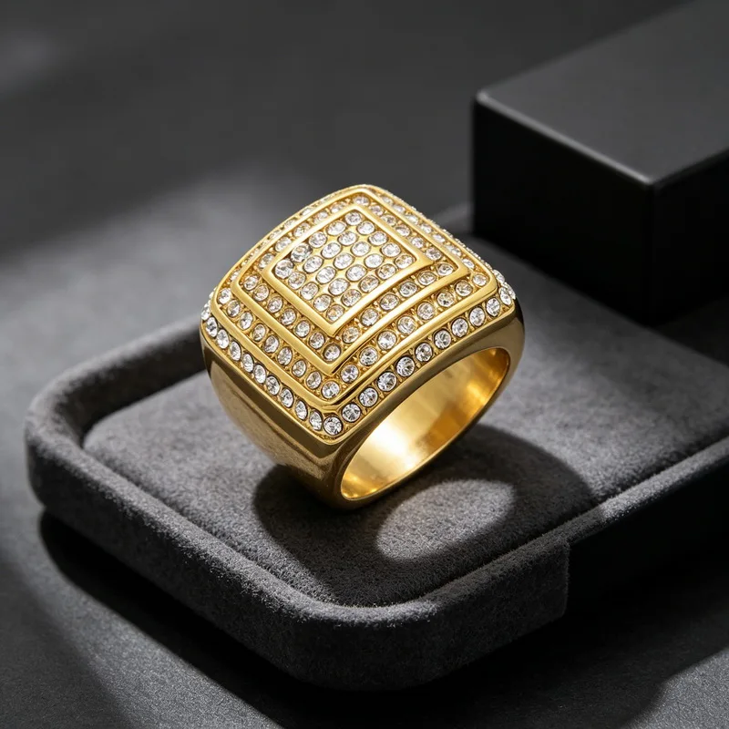 Kalen Herrenring, größer, quadratisch, hochwertig, mit CZ-Kristallen, Edelstahl, Schmuck, männlicher Charme, Fingerring, Damen-Accessoire – Detail 9
