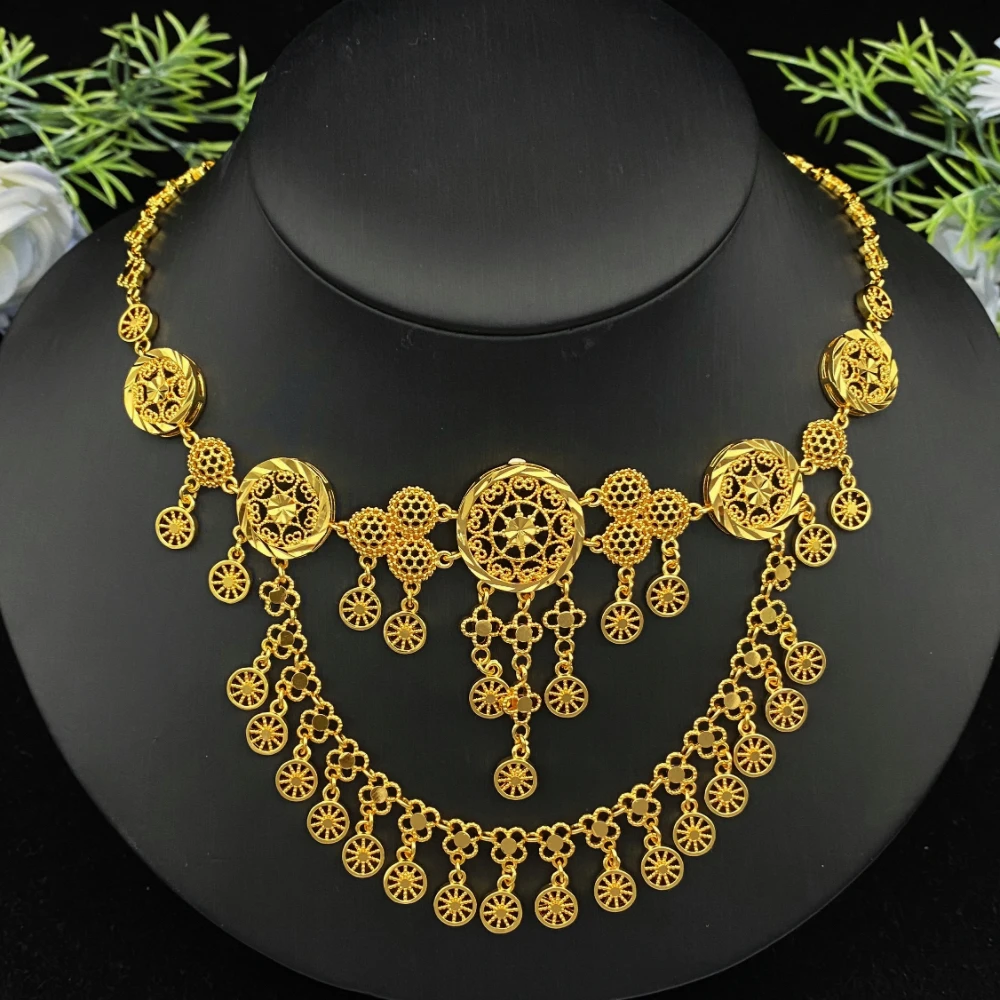 JRH Dubai Gold Plated Necklace Earrings Ring Bracelet Arabian Traditional Vintage Jewelry Women\'s Set Bridal Wedding Jewelry