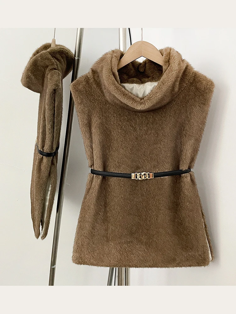 Mumaroho 2026 inverno primavera feminino pele do falso sable colete colheita topo sólido gola alta eco vison pele do falso regata pulôver jaqueta